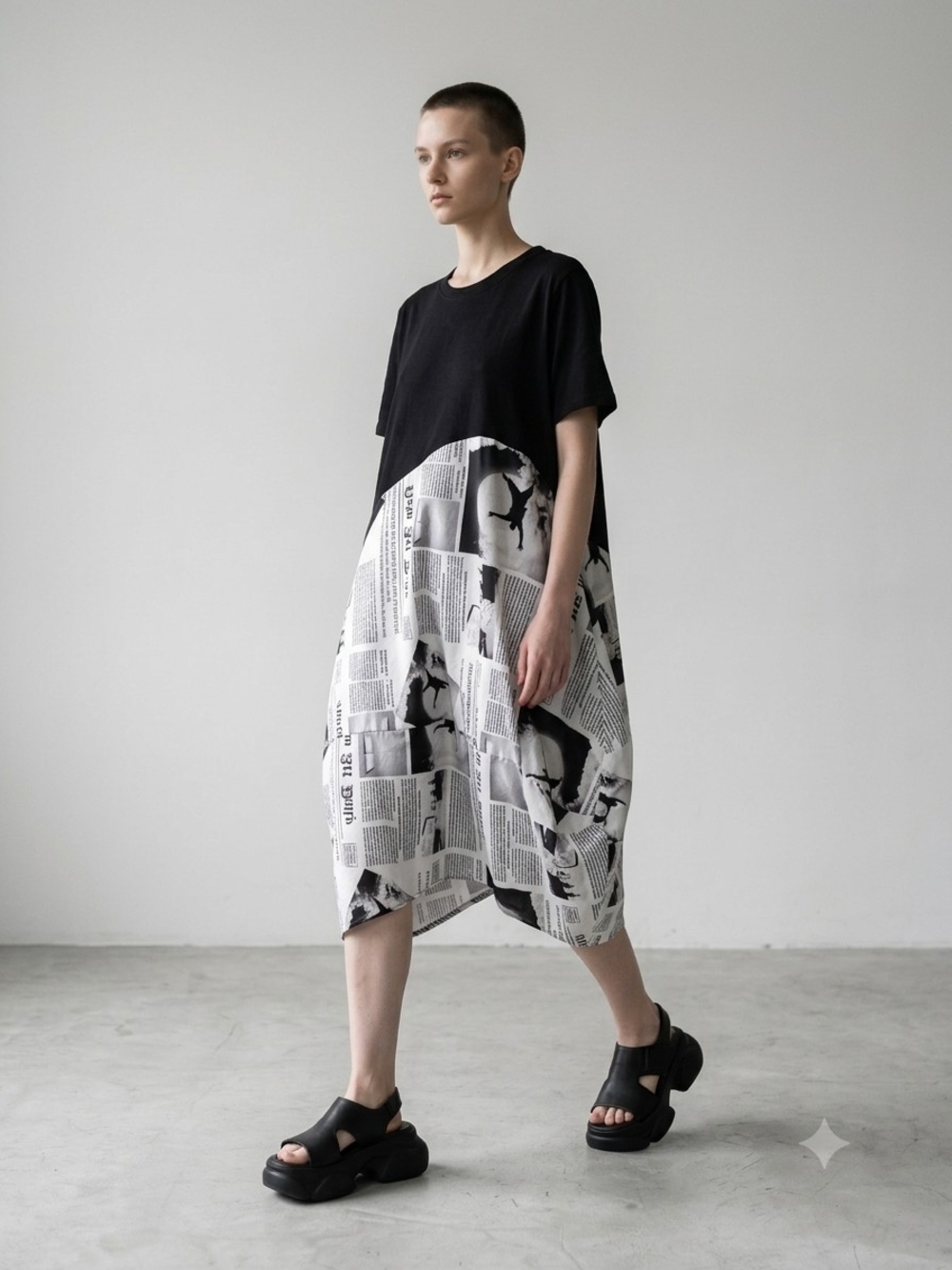 Froccella Italy Mixed Media Newspaper Print Balloon Midi Dress Black One Size